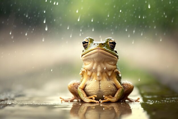 Foto um sapo verde senta-se no pavimento molhado na chuva generative ai