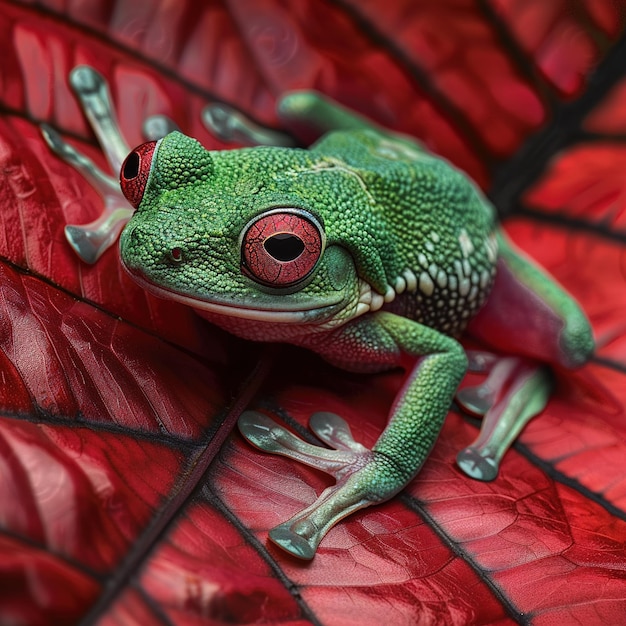 Foto um sapo verde sentado em uma superfície vermelha com um olho vermelho