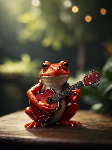 Um sapo vermelho a tocar guitarra.