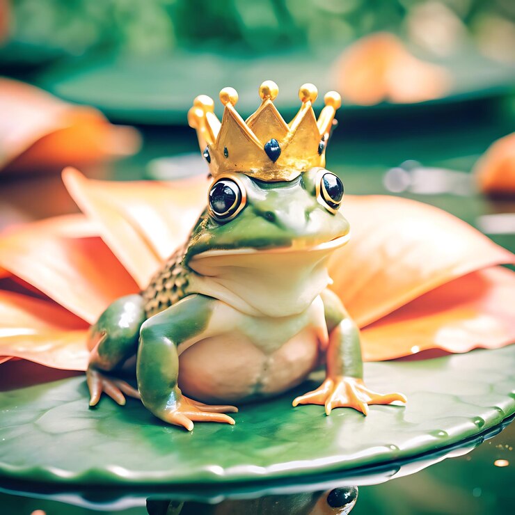 Foto um sapo vestindo uma pequena coroa sentado em um lily pad