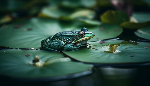 Foto um sapo viscoso sentado em uma folha olhando para a câmera gerada pela ia