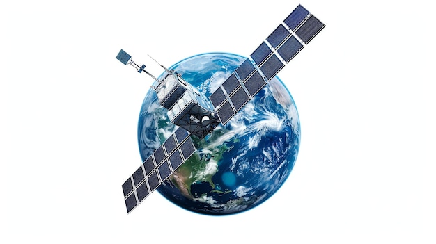 Foto um satélite orbita a terra fornecendo uma ligação de comunicações entre diferentes partes do mundo