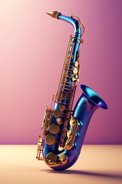 Um saxofone azul com detalhes dourados está sobre um fundo rosa.