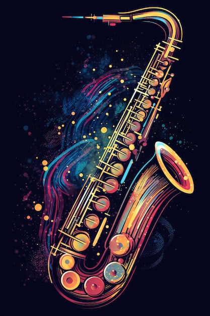 Um saxofone colorido com um fundo preto e a palavra jazz nele.