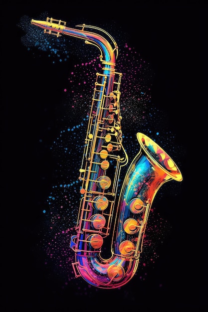 Um saxofone colorido é pintado em um fundo preto.