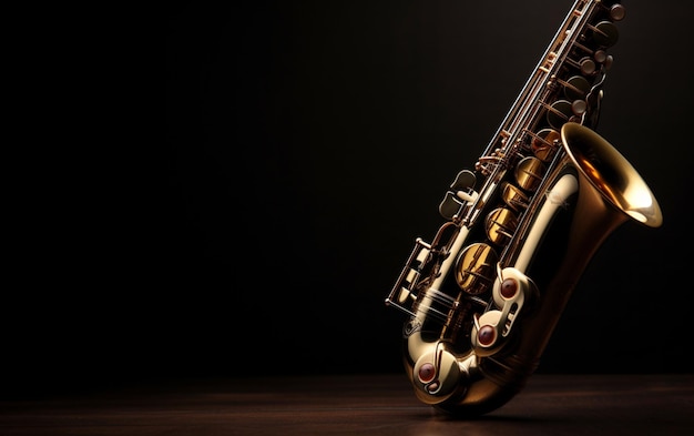 Um saxofone em um fundo escuro com a palavra jazz nele.