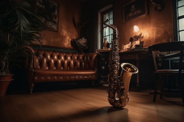 Um saxofone em uma sala escura com um sofá de couro e uma luminária na parede.