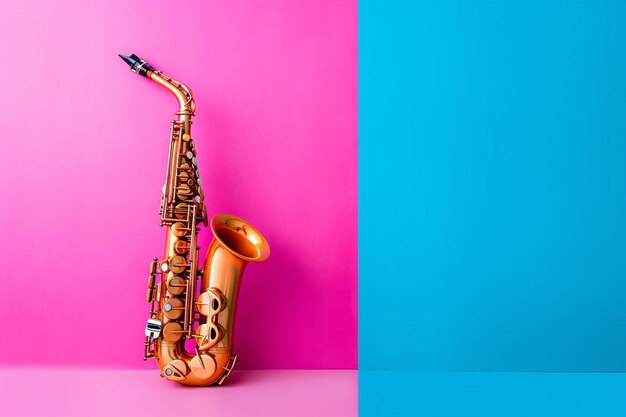 Foto um saxofone está de pé em um fundo rosa e azul