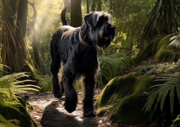 Um Schnauzer Gigante em uma aventura de caminhada por uma trilha florestal exuberante