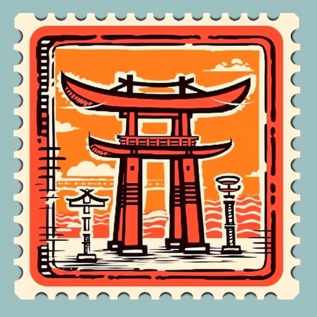 Foto um selo postal japonês com um portão torii em estilo popart