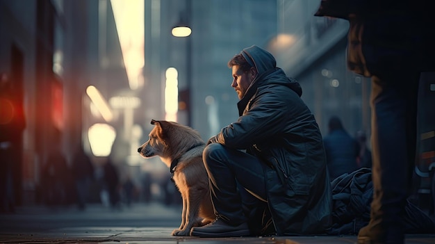 Foto um sem-abrigo com roupas sujas velhas senta-se no chão abraçando um cão a expressão de saudade e desespero no rosto do mendigo e do animal