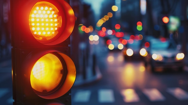 Foto um semáforo com defeito piscando amarelo causando confusão entre os motoristas em uma interseção movimentada