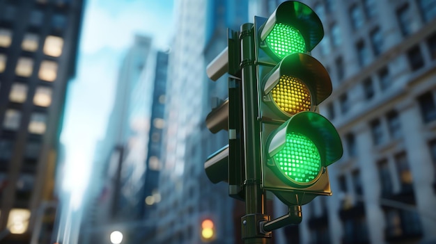 Foto um semáforo contra o fundo de uma paisagem urbana a luz é verde indicando que é seguro prosseguir