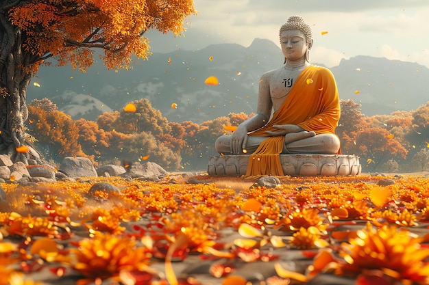 Foto um senhor buda senta-se em vesak buddha purnima dia com espaço de cópia fundo para o dia do festival de vesak