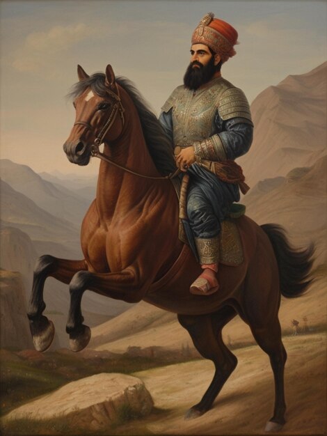 Foto um senhor da guerra persa montando um cavalo majestosamente