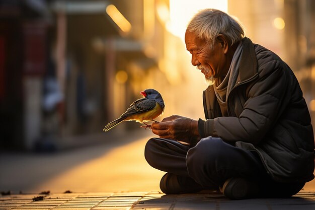 Um senhor idoso alimentando seu amigo emplumado durante a hora dourada