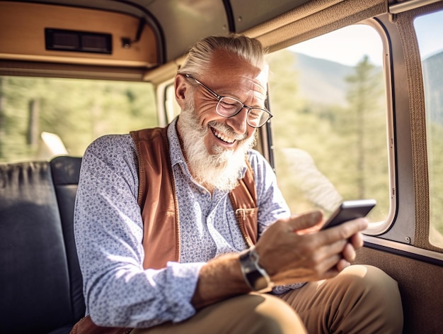 Um senhor idoso satisfeito, reclinado dentro de sua van de trailer, alegremente envolvido com seu celular