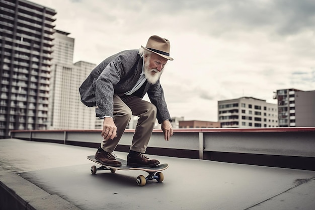 Um senhor muito velho está andando de skate em um telhado Estilo de grandparentcore urbano moderno