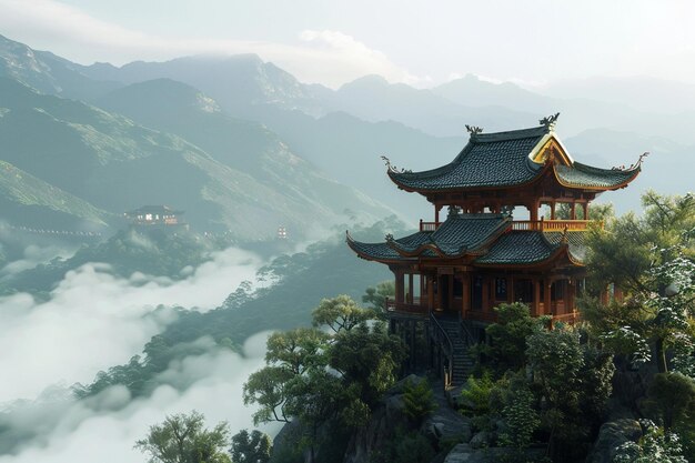 Foto um sereno templo budista escondido nas montanhas.