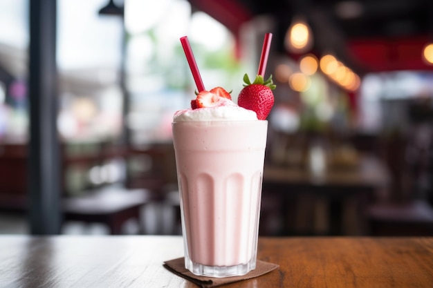 Um shake de morango com canudo feito de materiais recicláveis