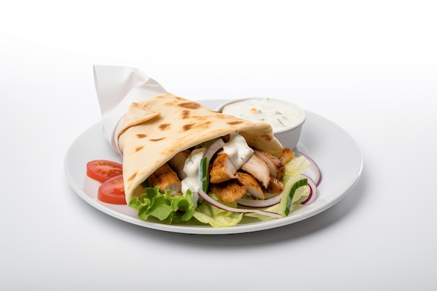 Um shawarma de frango com molho em um fundo branco