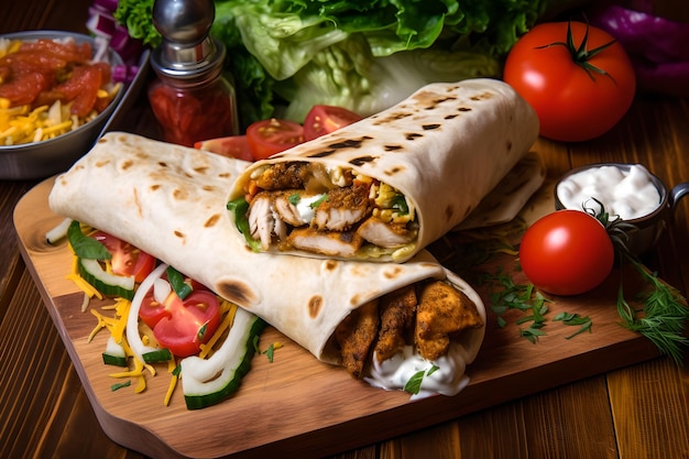 Um shawarma wrap com frango e legumes em uma tábua de madeira.