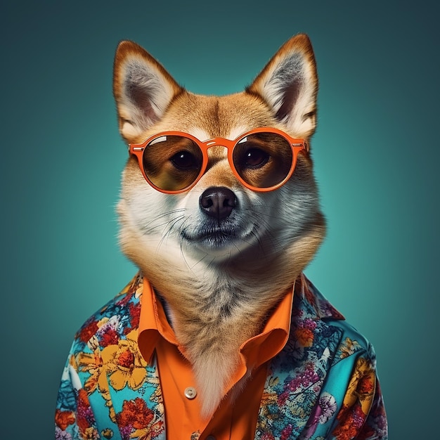 Um Shiba Inu com óculos laranja e uma camisa floral