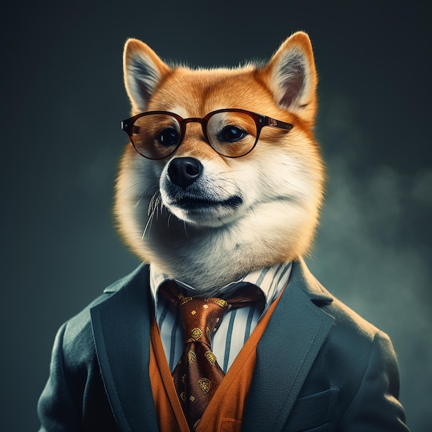 Um Shiba Inu com óculos marrons e um terno formal