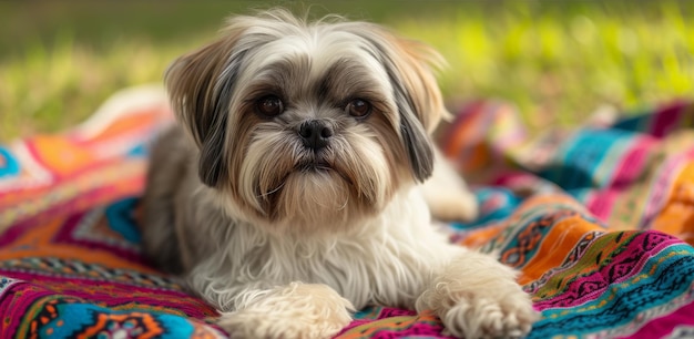 Um Shih Tzu absorvendo o sol enquanto descansando em um cobertor de piquenique colorido