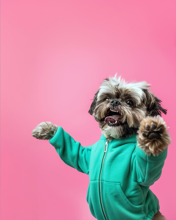 Um Shih Tzu com um capuz verde levanta alegremente as duas patas sorrindo para a câmera contra um fundo rosa