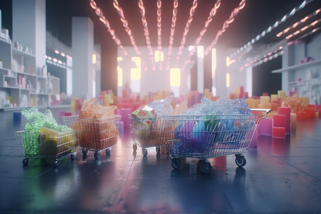 Um shopping center com muitos carrinhos de compras e uma cadeira rosa ao fundo.