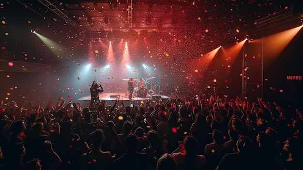 Um show com uma multidão de pessoas no palco e confetes no ar.