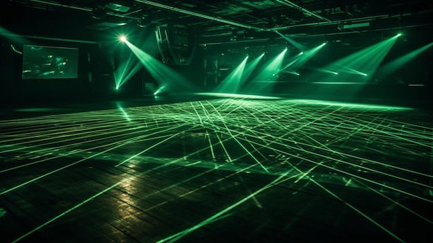 Um show de laser verde é montado em um palco.