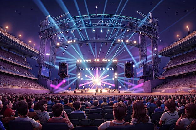 Um show de rock noturno diante de um grande público em um estádio ao ar livre com show de laser