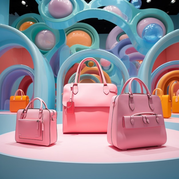 um showroom pop up futurista para bolsas da marca furla com doces pirulitos cores pastel