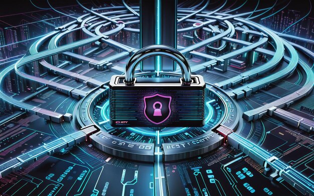Foto um símbolo de cadeado de cibersegurança ocupa o centro do palco contra um pano de fundo de linhas de dados interconectadas