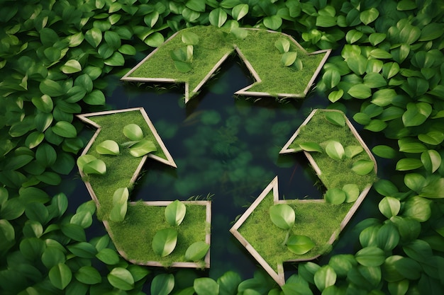 Um símbolo de reciclagem com folhas flutuando em cima de uma lagoa.