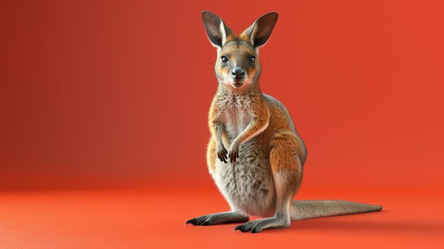 Foto um simpático canguru está sentado no chão e olhando para a câmera tem uma pelagem castanha e orelhas grandes o fundo é laranja