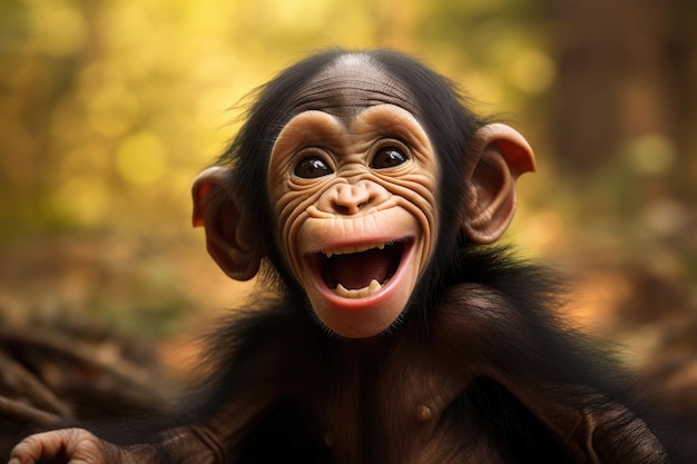 Um simpático chimpanzé com um grande sorriso feliz de perto