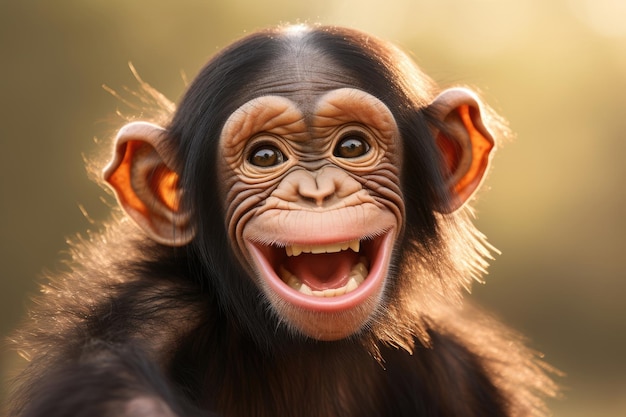 Um simpático chimpanzé com um grande sorriso feliz de perto