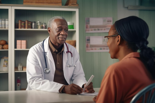 Um simpático médico afro-americano de óculos e jaleco branco está atendendo um paciente em uma mesa no consultório