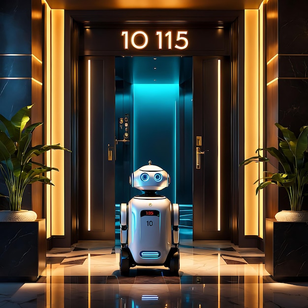 Foto um sinal amplo retratando um mordomo robô ou serviço de quarto trazendo bagagem para um projeto de quarto de hotel