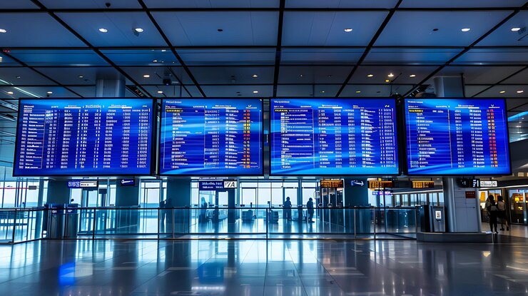 Foto um sinal azul que diz que o aeroporto está acima de um terminal