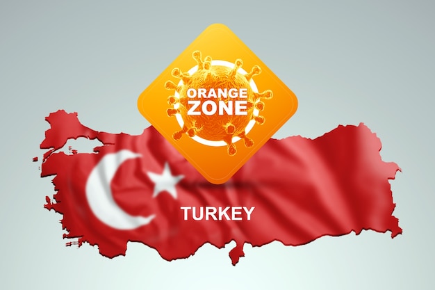 Um sinal com a zona de inscrição laranja no fundo de um mapa da Turquia com a bandeira turca. Nível de perigo laranja, coronavírus, bloqueio, quarentena, vírus. 3D render, ilustração 3D.