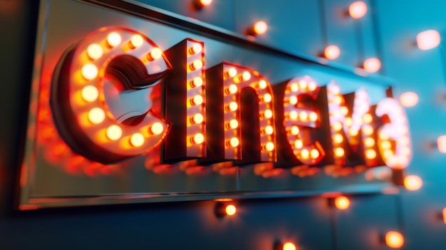 Foto um sinal com luzes que soletram a palavra cinema