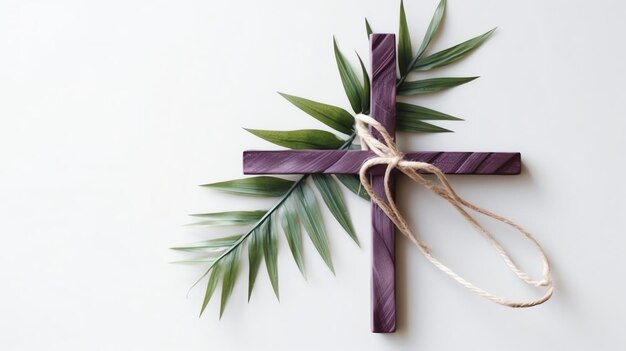 Um sinal de crucifixo cruzado de madeira cristão com folhas de palmeira verdes como feriado religioso evento do domingo de ramos