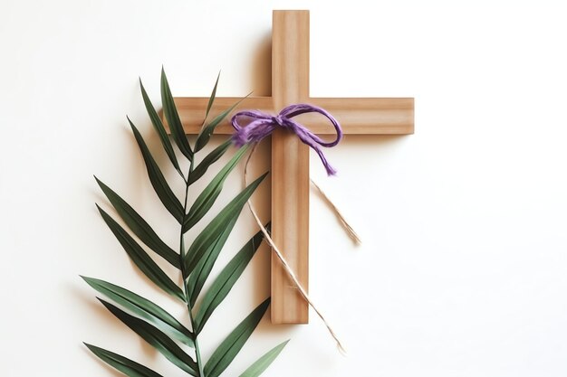 Foto um sinal de crucifixo de cruz de madeira cristã com folhas de palmeira verdes como feriado religioso evento de domingo de palmeiras