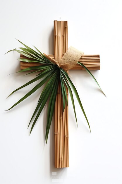 Foto um sinal de crucifixo de cruz de madeira cristã com folhas de palmeira verdes como feriado religioso evento de domingo de palmeiras