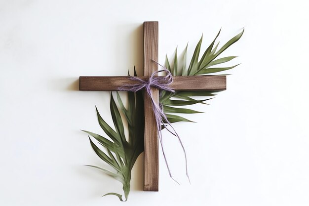 Um sinal de crucifixo de cruz de madeira cristã com folhas de palmeira verdes como feriado religioso evento de domingo de palmeiras