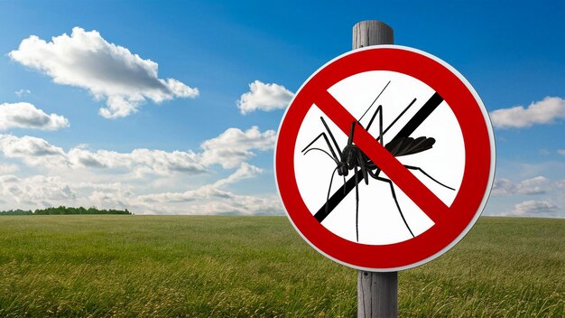 um sinal de mosquito é postado em um campo com um céu ao fundo